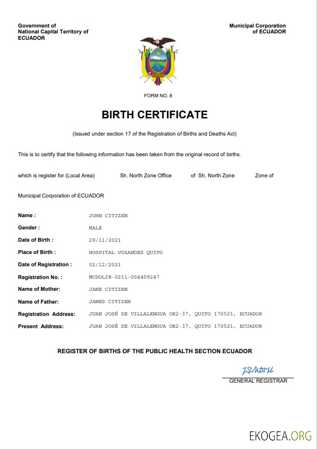 Modèle Word et PDF d'acte de naissance d'acte d'état civil de l'Équateur